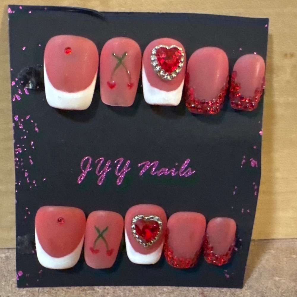 Press On Nails Red Heart Cherry French Tip Glitter Matte Square Set